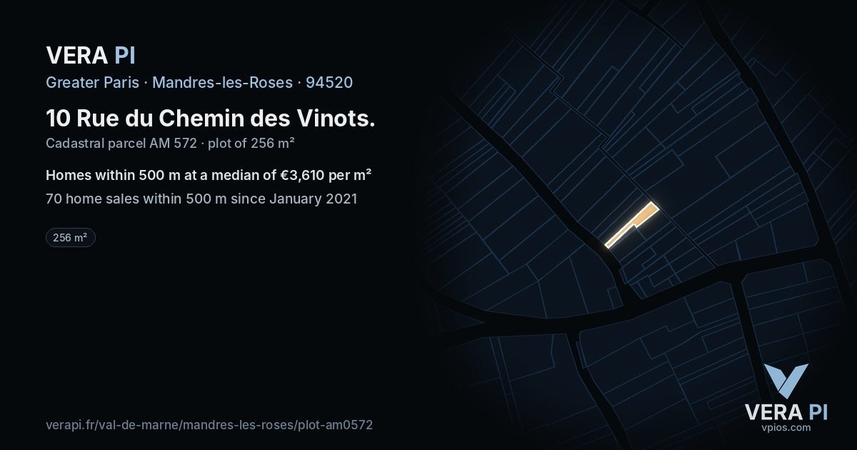 10 Rue du Chemin des Vinots, Mandres-les-Roses at night – the plot lit, the parcels around coloured by the prices near them