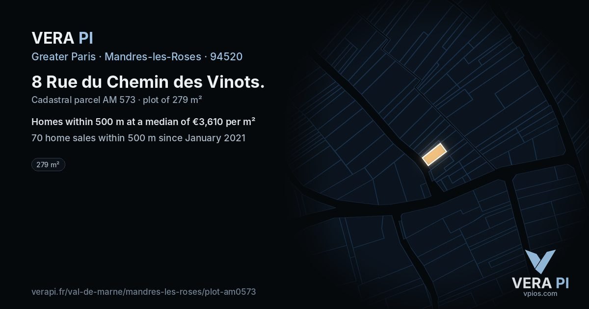 8 Rue du Chemin des Vinots, Mandres-les-Roses at night – the plot lit, the parcels around coloured by the prices near them
