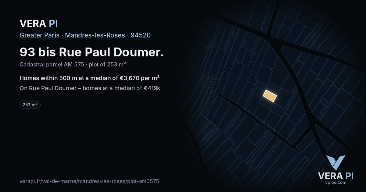 93 bis Rue Paul Doumer, Mandres-les-Roses at night – the plot lit, the parcels around coloured by the prices near them