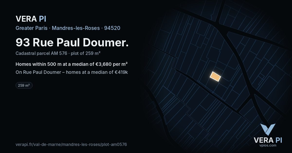 93 Rue Paul Doumer, Mandres-les-Roses at night – the plot lit, the parcels around coloured by the prices near them
