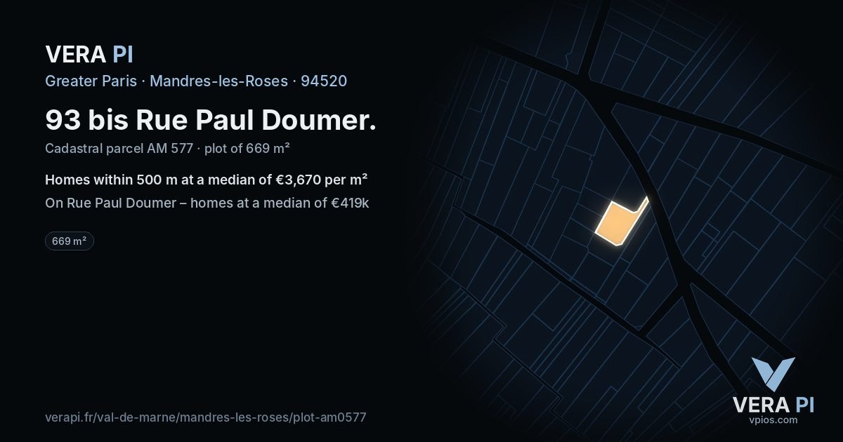 93 bis Rue Paul Doumer, Mandres-les-Roses at night – the plot lit, the parcels around coloured by the prices near them