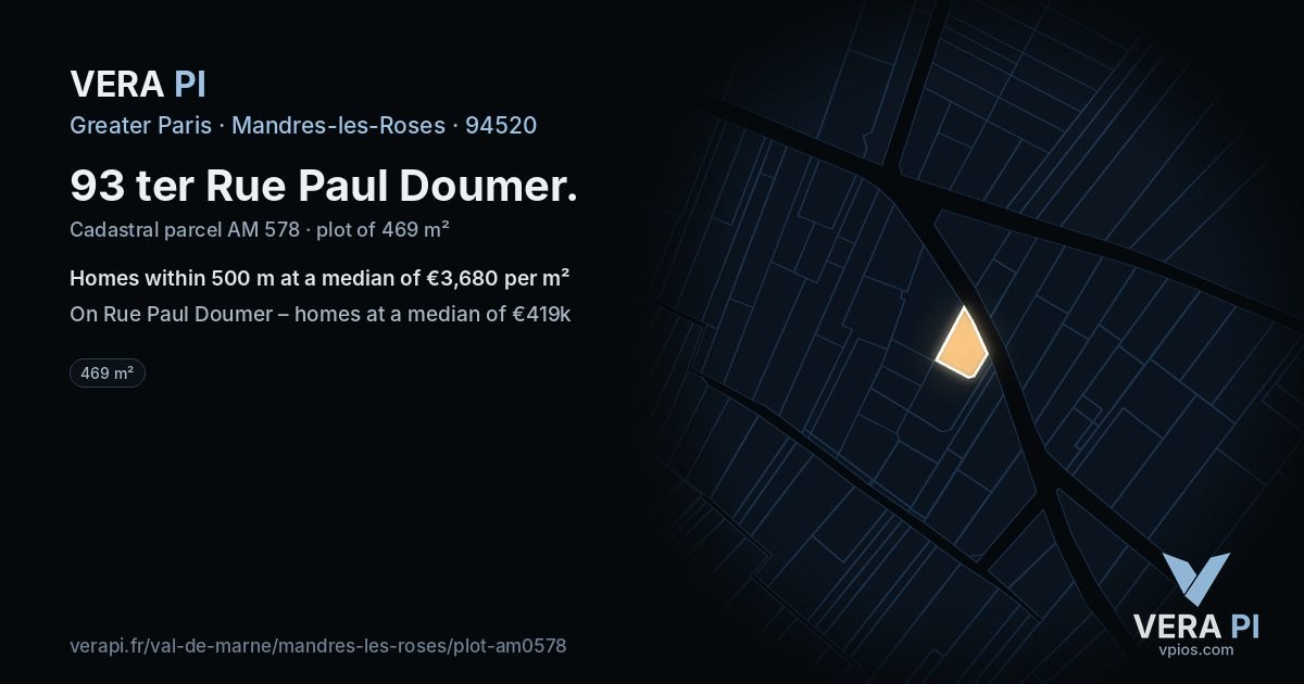 93 ter Rue Paul Doumer, Mandres-les-Roses at night – the plot lit, the parcels around coloured by the prices near them