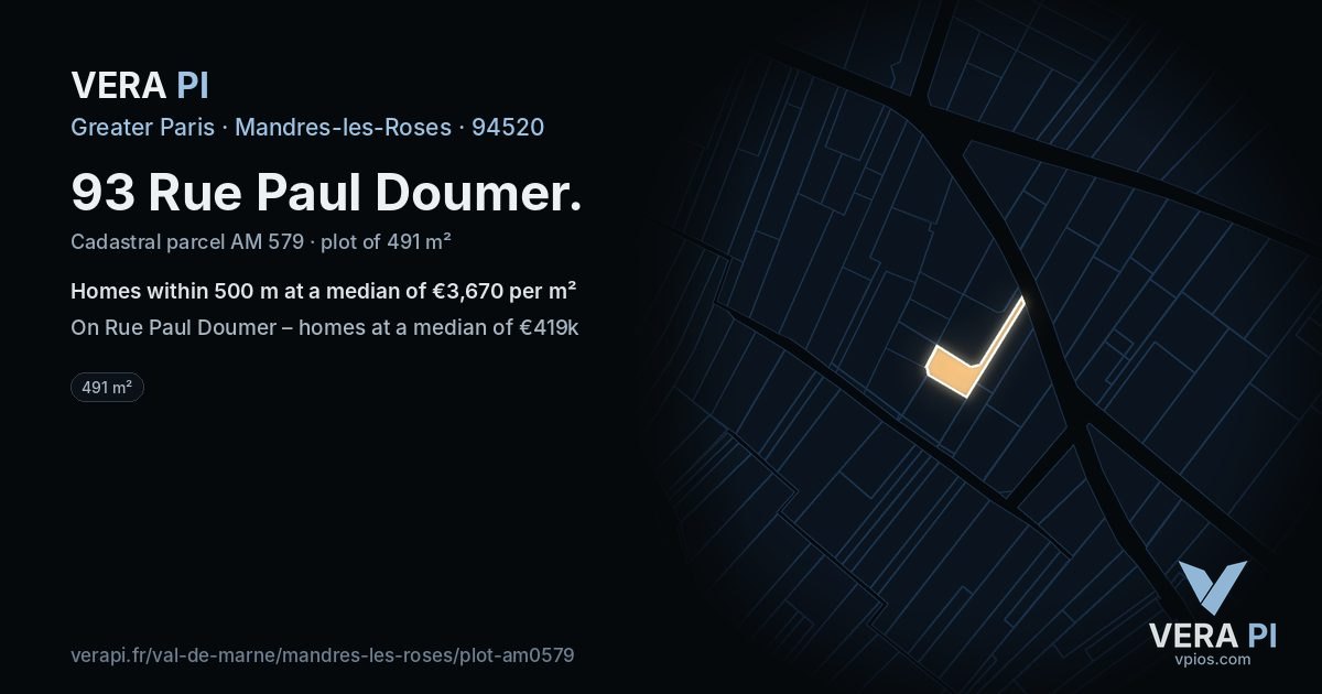 93 Rue Paul Doumer, Mandres-les-Roses at night – the plot lit, the parcels around coloured by the prices near them