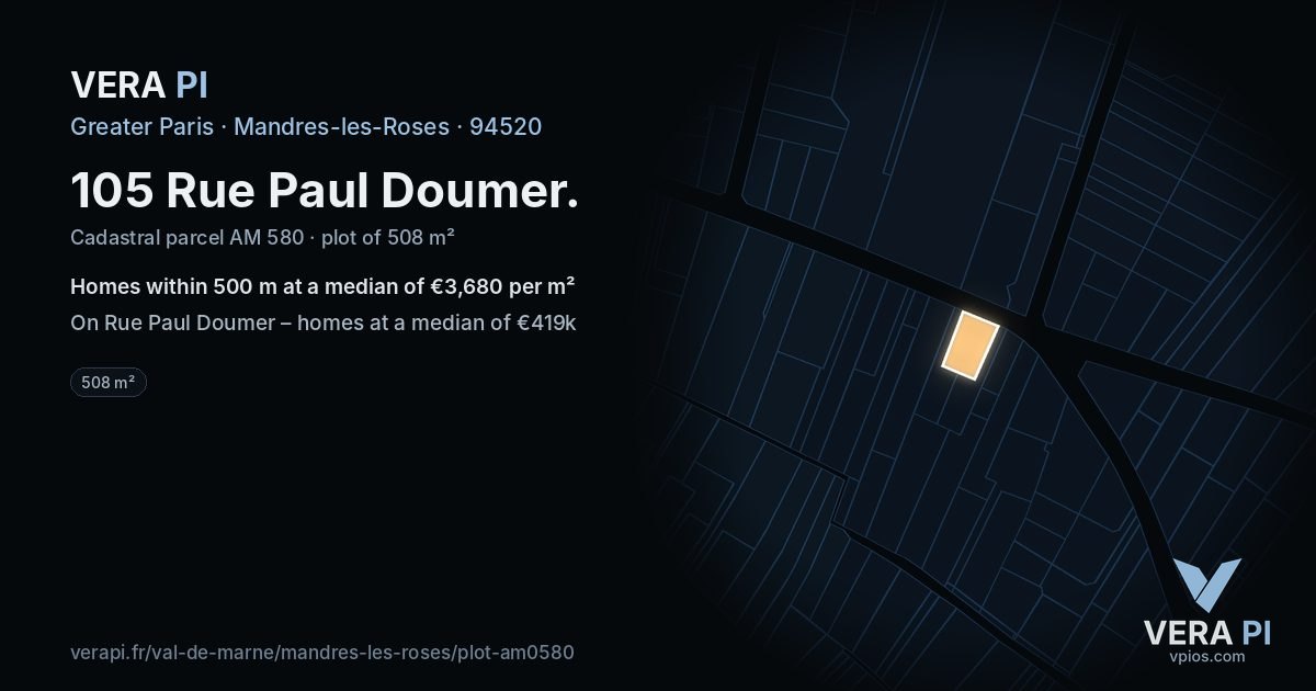 105 Rue Paul Doumer, Mandres-les-Roses at night – the plot lit, the parcels around coloured by the prices near them