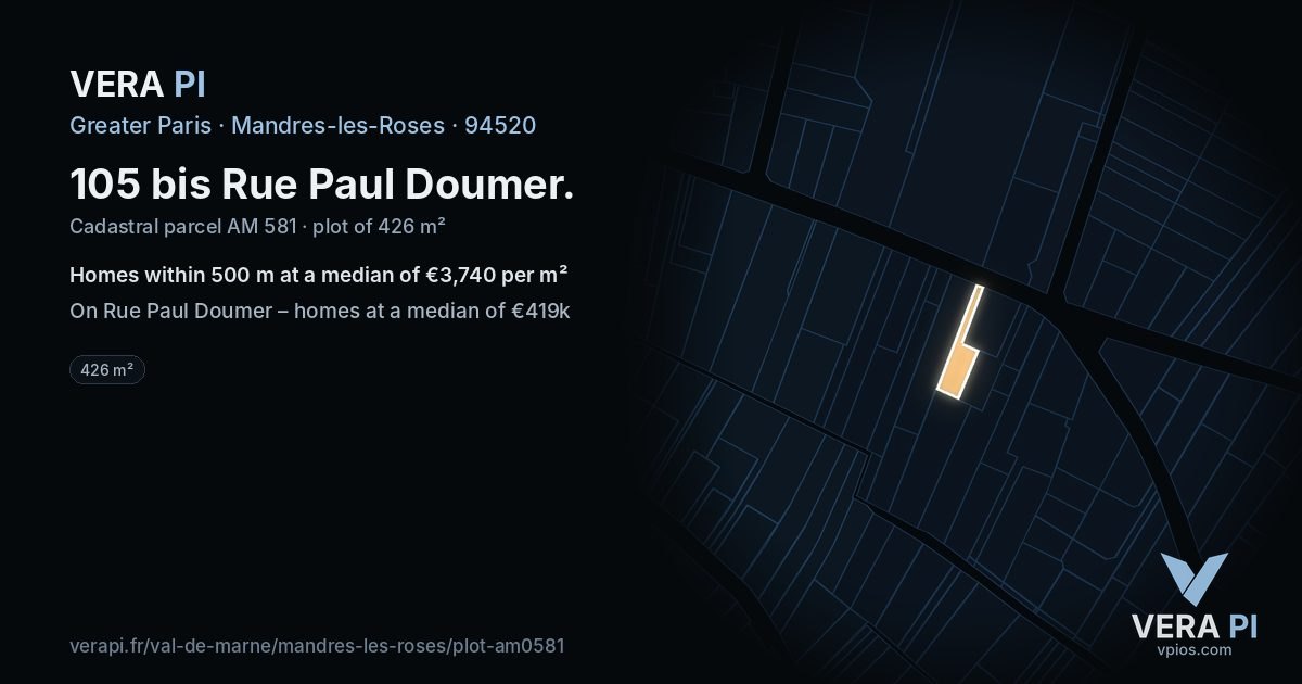105 bis Rue Paul Doumer, Mandres-les-Roses at night – the plot lit, the parcels around coloured by the prices near them