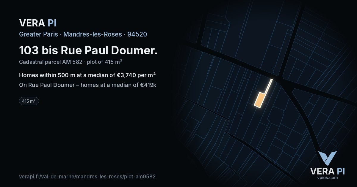 103 bis Rue Paul Doumer, Mandres-les-Roses at night – the plot lit, the parcels around coloured by the prices near them