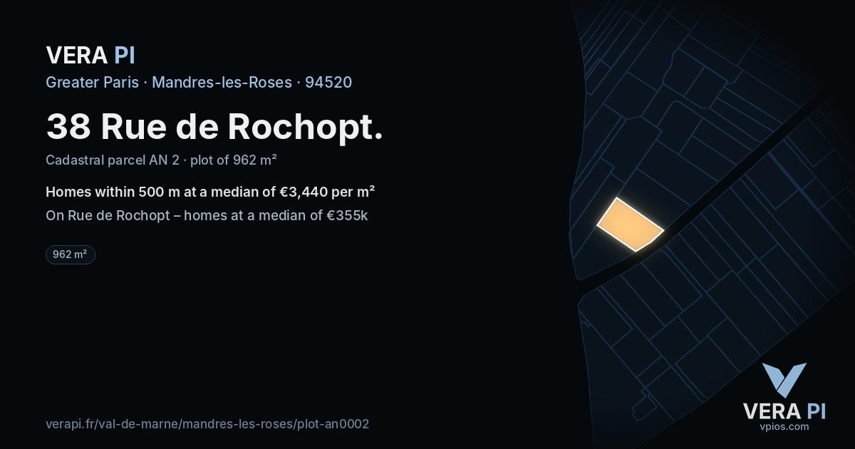 38 Rue de Rochopt, Mandres-les-Roses at night – the plot lit, the parcels around coloured by the prices near them