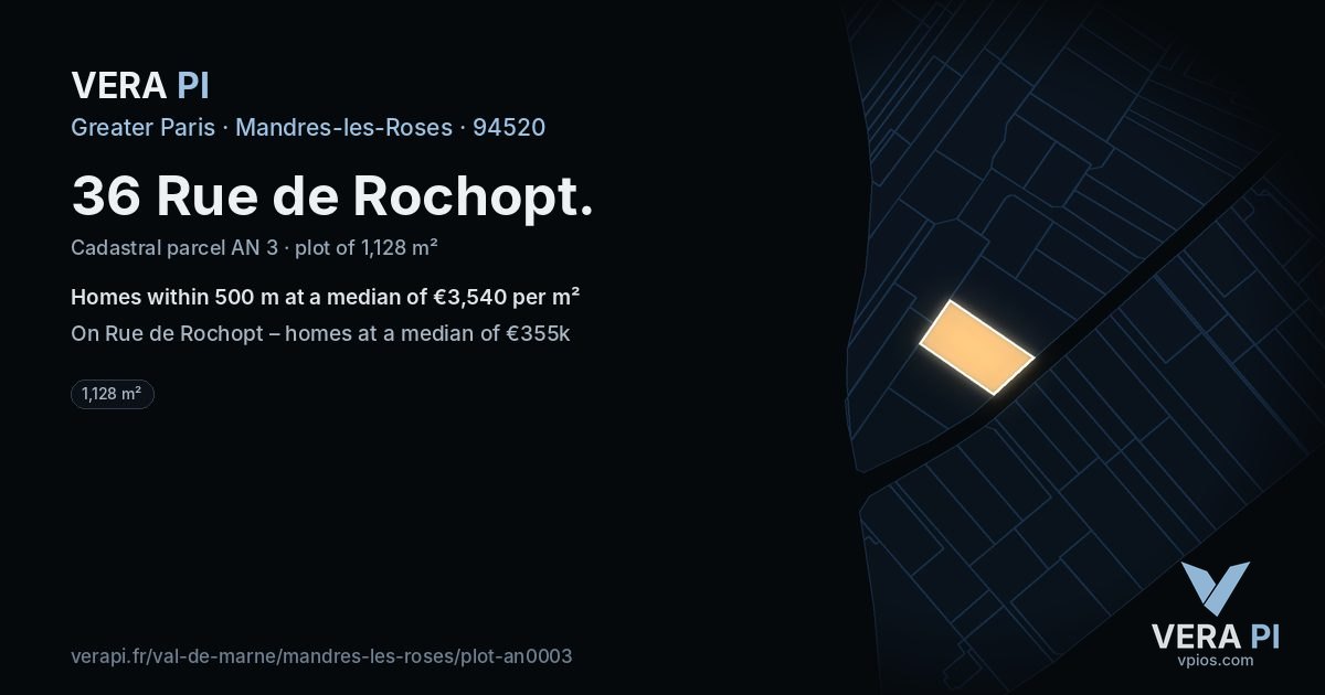 36 Rue de Rochopt, Mandres-les-Roses at night – the plot lit, the parcels around coloured by the prices near them
