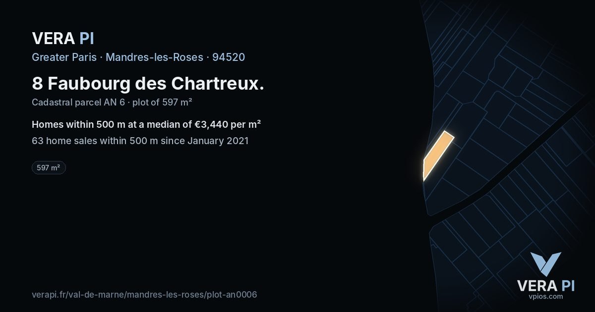 8 Faubourg des Chartreux, Mandres-les-Roses at night – the plot lit, the parcels around coloured by the prices near them