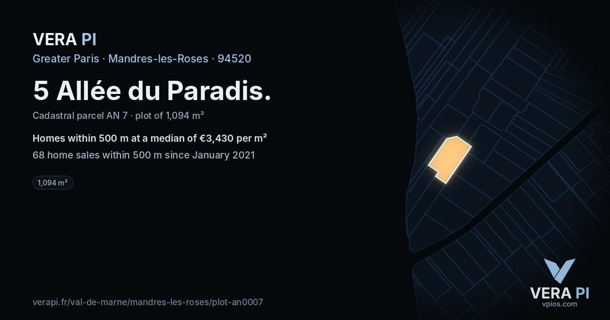 5 Allée du Paradis, Mandres-les-Roses at night – the plot lit, the parcels around coloured by the prices near them