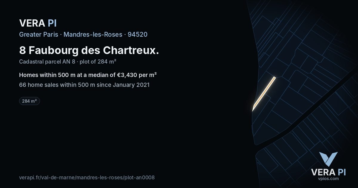 8 Faubourg des Chartreux, Mandres-les-Roses at night – the plot lit, the parcels around coloured by the prices near them