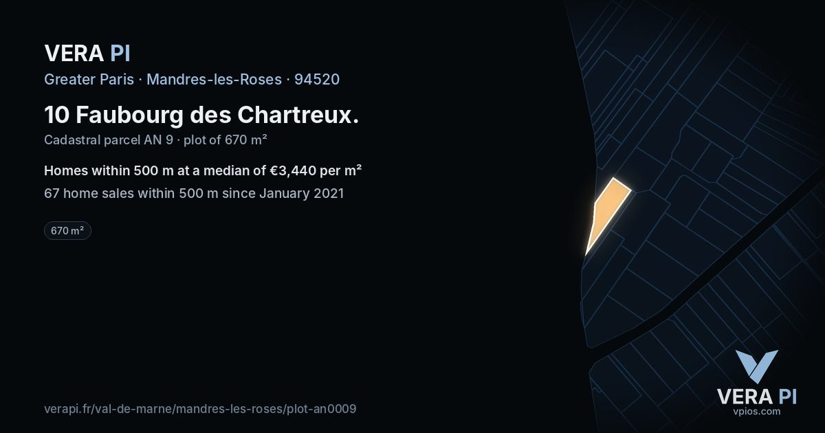 10 Faubourg des Chartreux, Mandres-les-Roses at night – the plot lit, the parcels around coloured by the prices near them