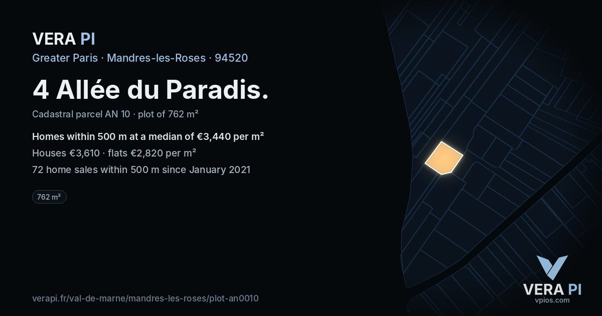 4 Allée du Paradis, Mandres-les-Roses at night – the plot lit, the parcels around coloured by the prices near them