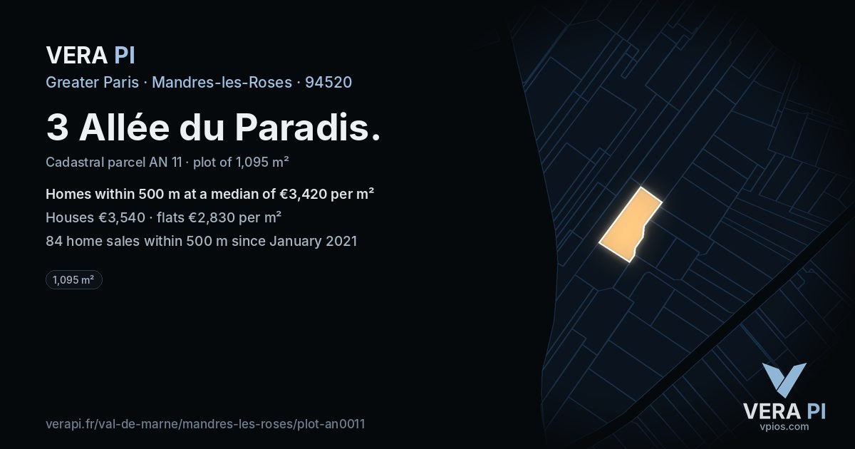 3 Allée du Paradis, Mandres-les-Roses at night – the plot lit, the parcels around coloured by the prices near them