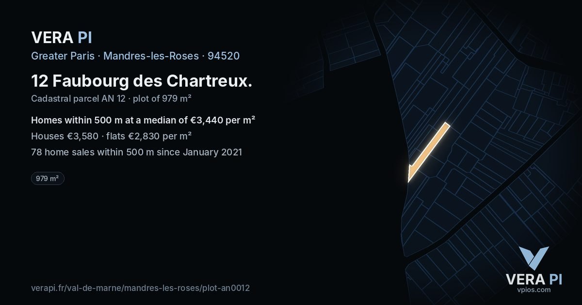 12 Faubourg des Chartreux, Mandres-les-Roses at night – the plot lit, the parcels around coloured by the prices near them
