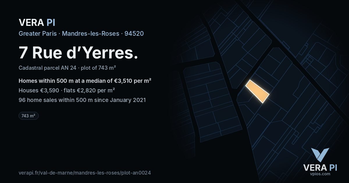 7 Rue d’Yerres, Mandres-les-Roses at night – the plot lit, the parcels around coloured by the prices near them