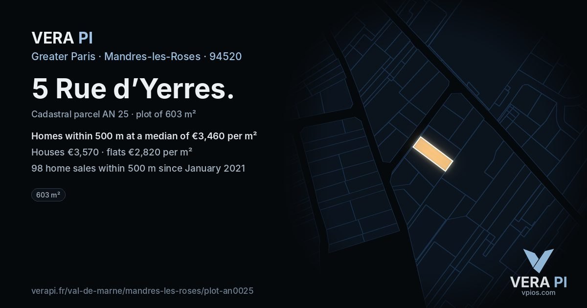 5 Rue d’Yerres, Mandres-les-Roses at night – the plot lit, the parcels around coloured by the prices near them