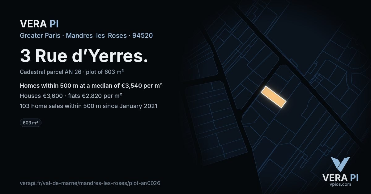 3 Rue d’Yerres, Mandres-les-Roses at night – the plot lit, the parcels around coloured by the prices near them