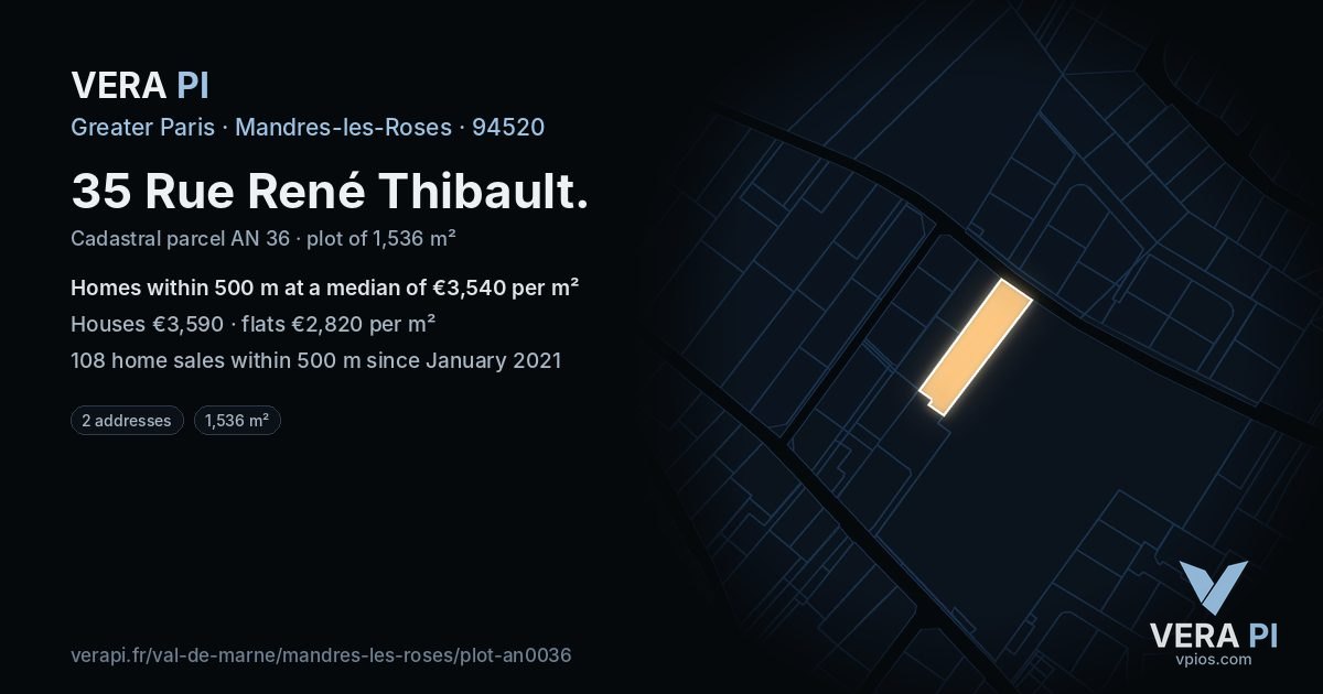 35 Rue René Thibault, Mandres-les-Roses at night – the plot lit, the parcels around coloured by the prices near them