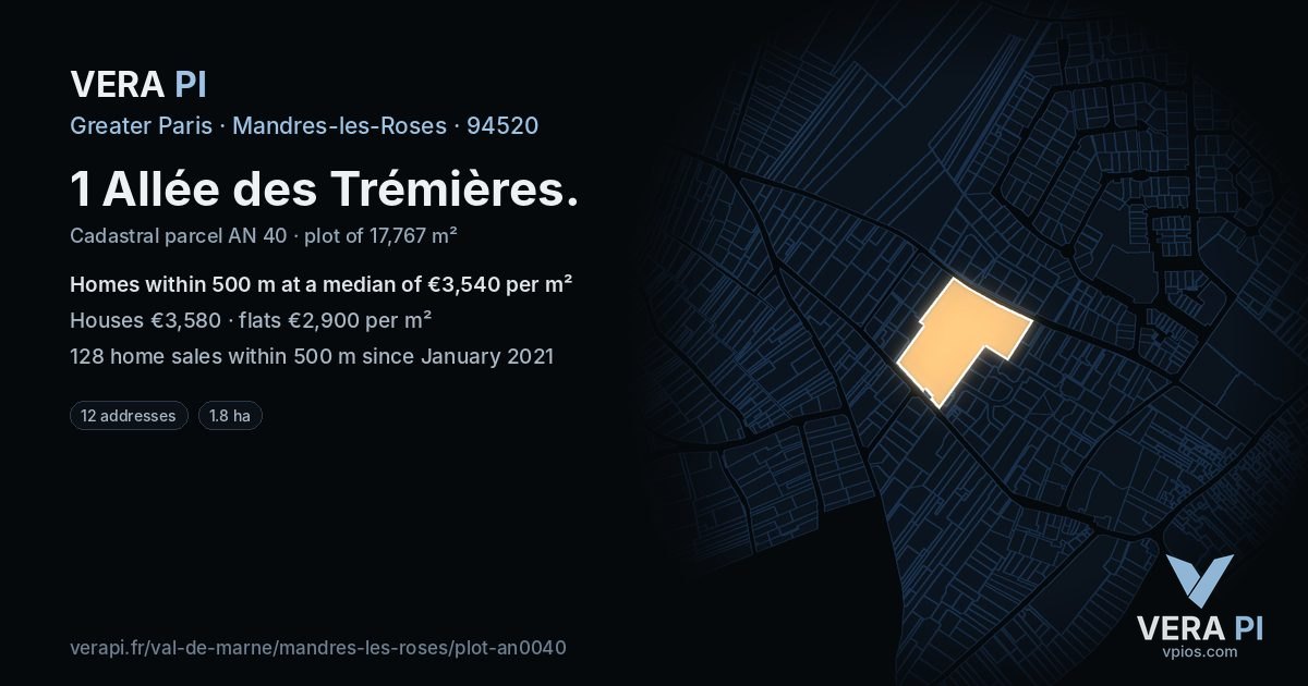 1 Allée des Trémières, Mandres-les-Roses at night – the plot lit, the parcels around coloured by the prices near them