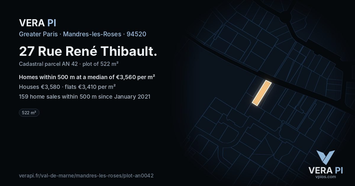 27 Rue René Thibault, Mandres-les-Roses at night – the plot lit, the parcels around coloured by the prices near them