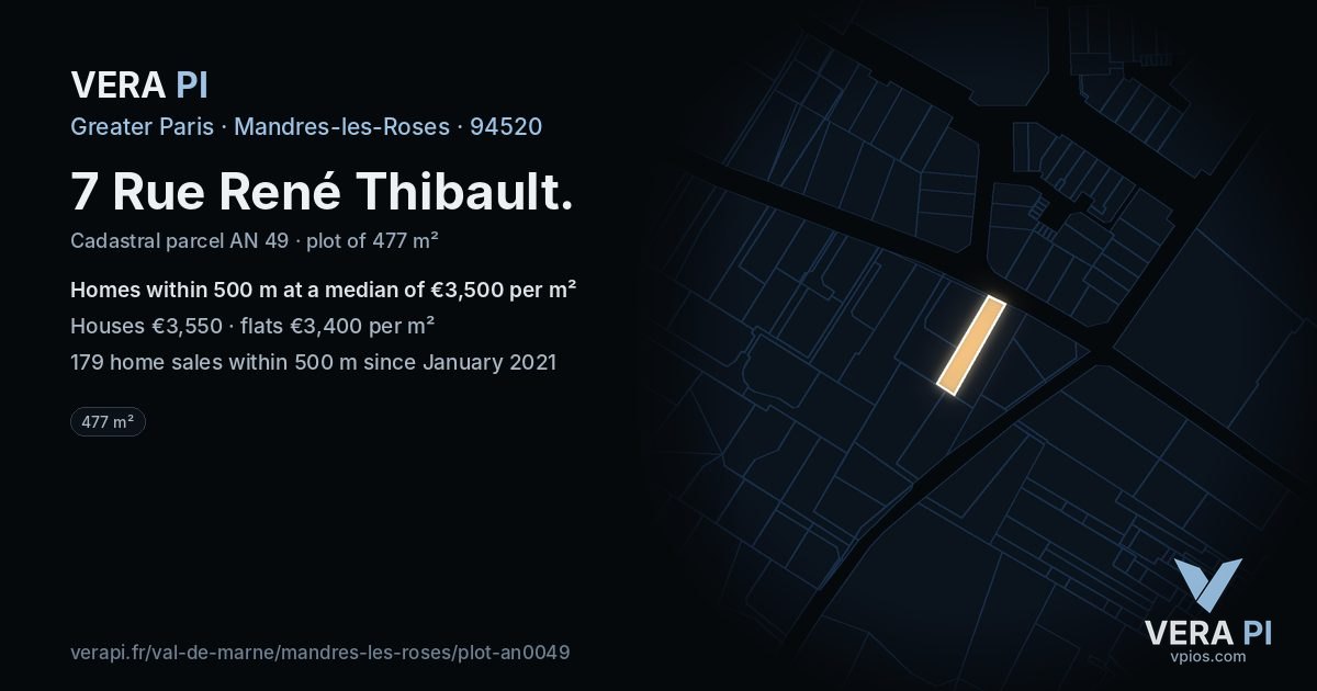 7 Rue René Thibault, Mandres-les-Roses at night – the plot lit, the parcels around coloured by the prices near them