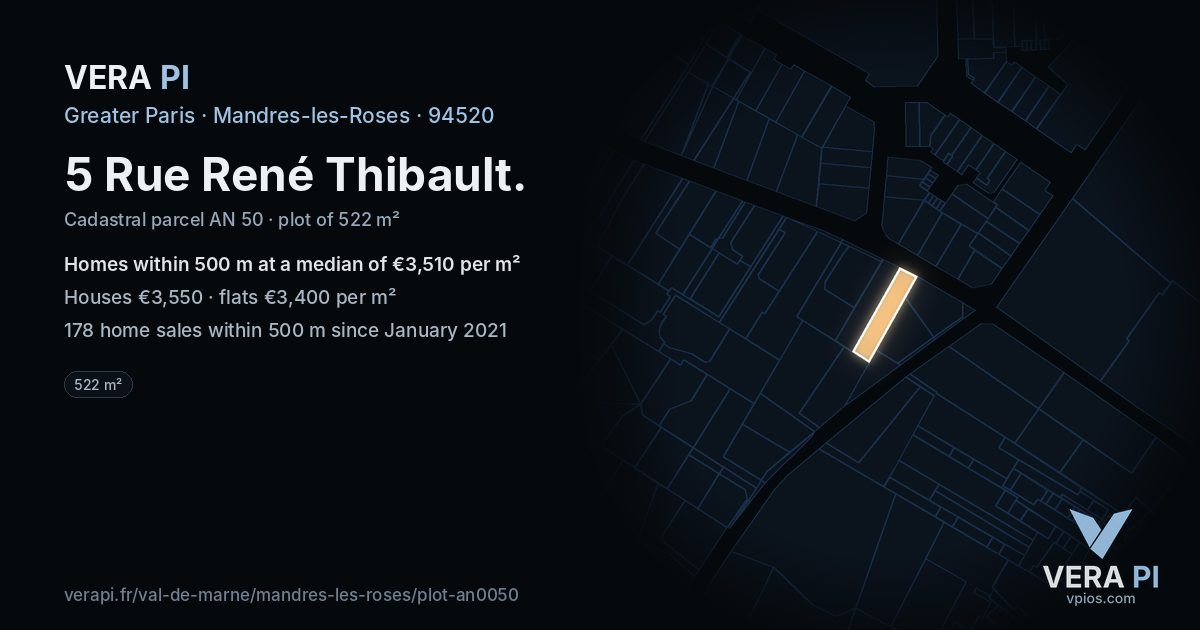5 Rue René Thibault, Mandres-les-Roses at night – the plot lit, the parcels around coloured by the prices near them