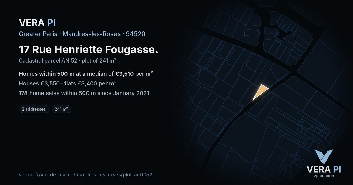 17 Rue Henriette Fougasse, Mandres-les-Roses at night – the plot lit, the parcels around coloured by the prices near them