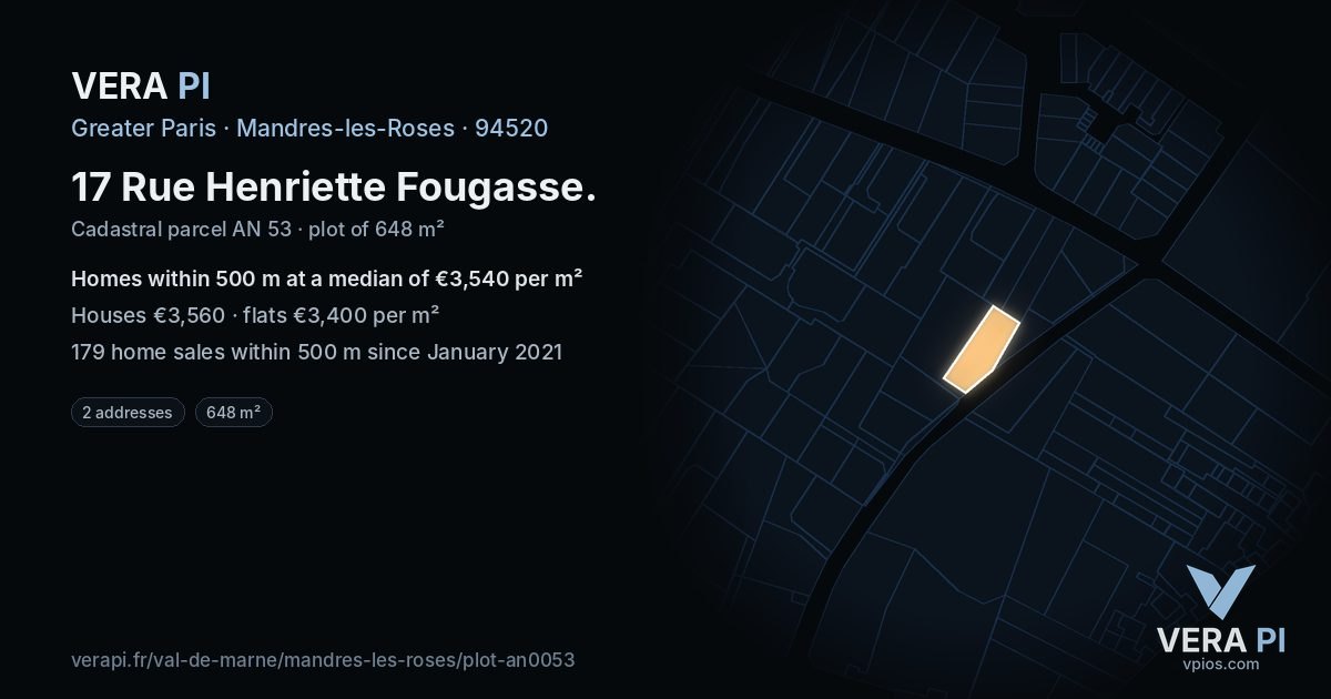 17 Rue Henriette Fougasse, Mandres-les-Roses at night – the plot lit, the parcels around coloured by the prices near them