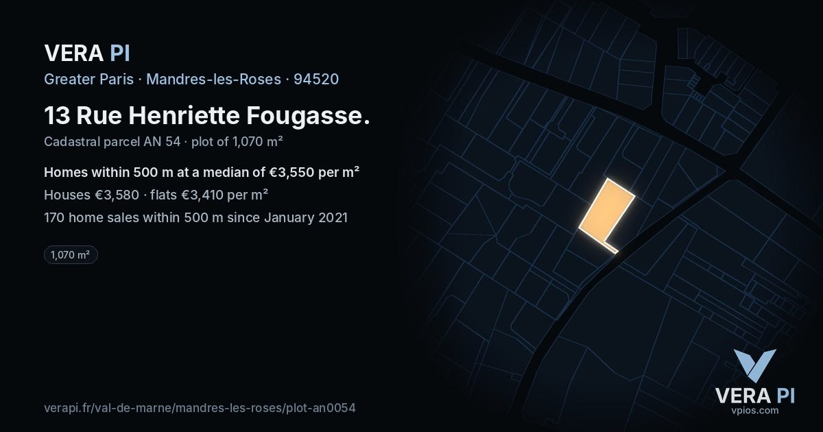 13 Rue Henriette Fougasse, Mandres-les-Roses at night – the plot lit, the parcels around coloured by the prices near them