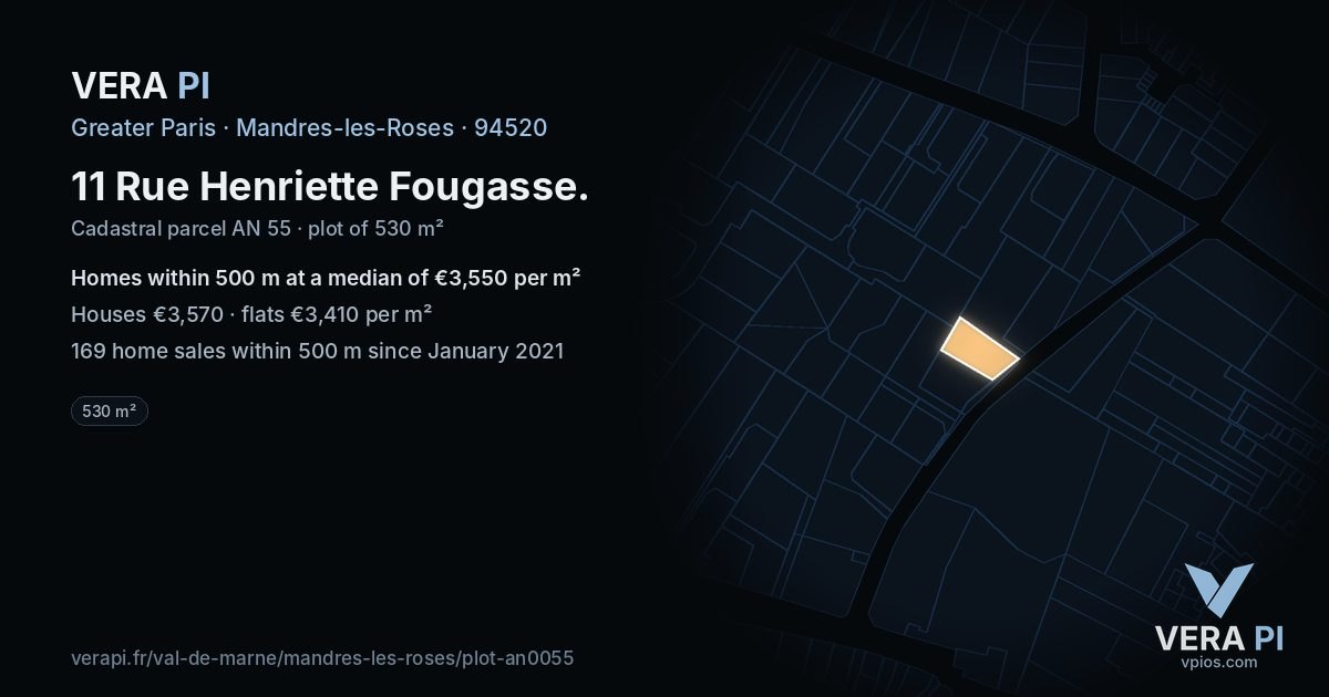 11 Rue Henriette Fougasse, Mandres-les-Roses at night – the plot lit, the parcels around coloured by the prices near them
