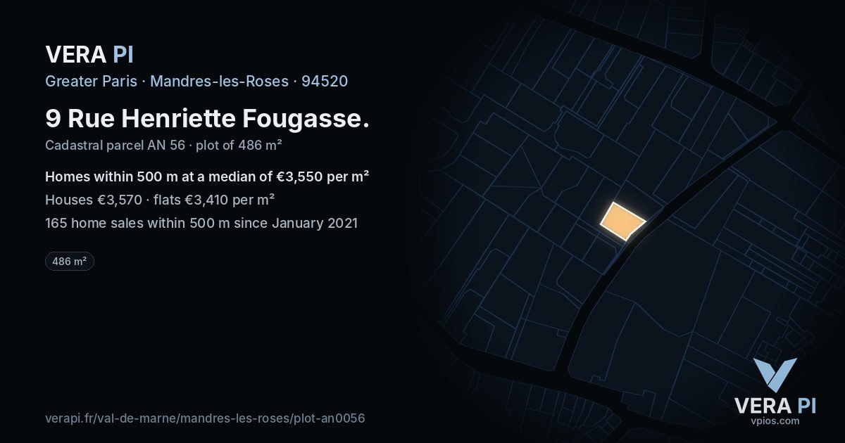 9 Rue Henriette Fougasse, Mandres-les-Roses at night – the plot lit, the parcels around coloured by the prices near them