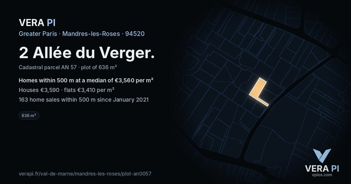 2 Allée du Verger, Mandres-les-Roses at night – the plot lit, the parcels around coloured by the prices near them