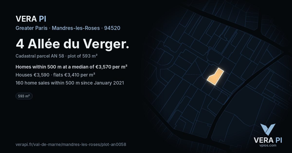 4 Allée du Verger, Mandres-les-Roses at night – the plot lit, the parcels around coloured by the prices near them