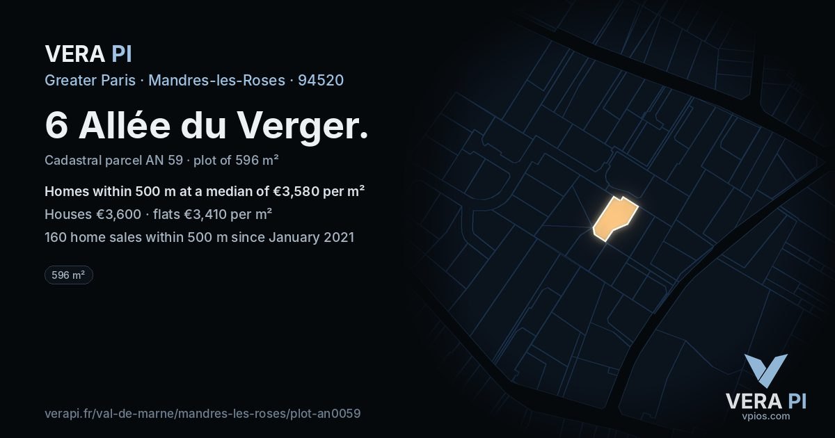 6 Allée du Verger, Mandres-les-Roses at night – the plot lit, the parcels around coloured by the prices near them