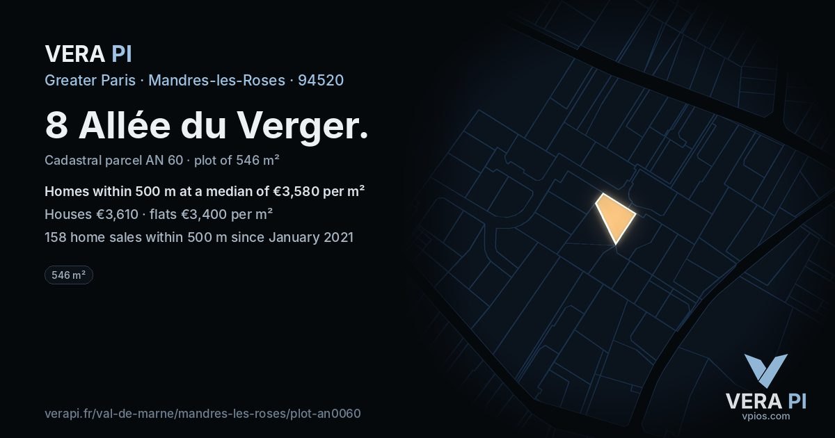 8 Allée du Verger, Mandres-les-Roses at night – the plot lit, the parcels around coloured by the prices near them