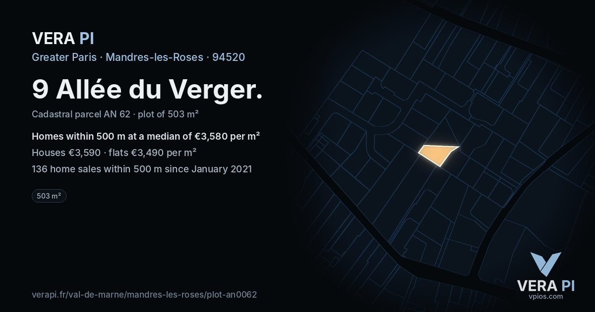9 Allée du Verger, Mandres-les-Roses at night – the plot lit, the parcels around coloured by the prices near them