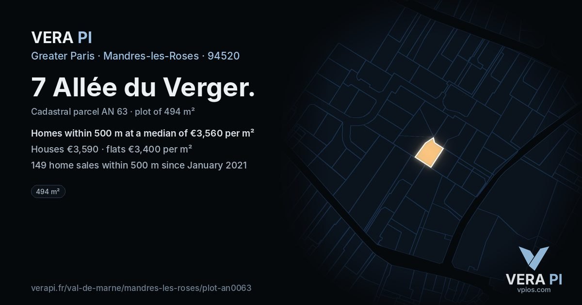 7 Allée du Verger, Mandres-les-Roses at night – the plot lit, the parcels around coloured by the prices near them