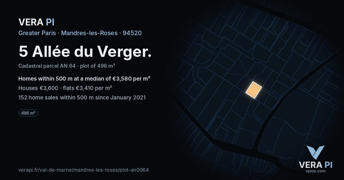 5 Allée du Verger, Mandres-les-Roses at night – the plot lit, the parcels around coloured by the prices near them