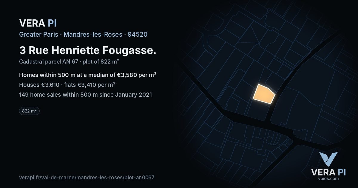 3 Rue Henriette Fougasse, Mandres-les-Roses at night – the plot lit, the parcels around coloured by the prices near them