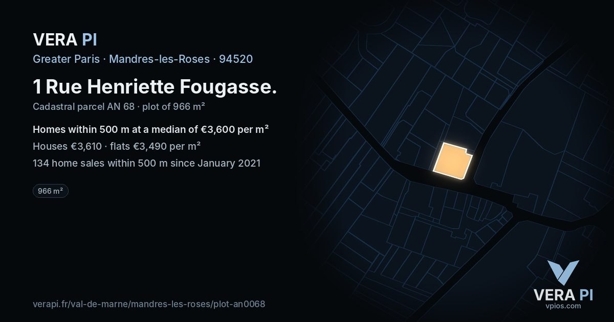 1 Rue Henriette Fougasse, Mandres-les-Roses at night – the plot lit, the parcels around coloured by the prices near them