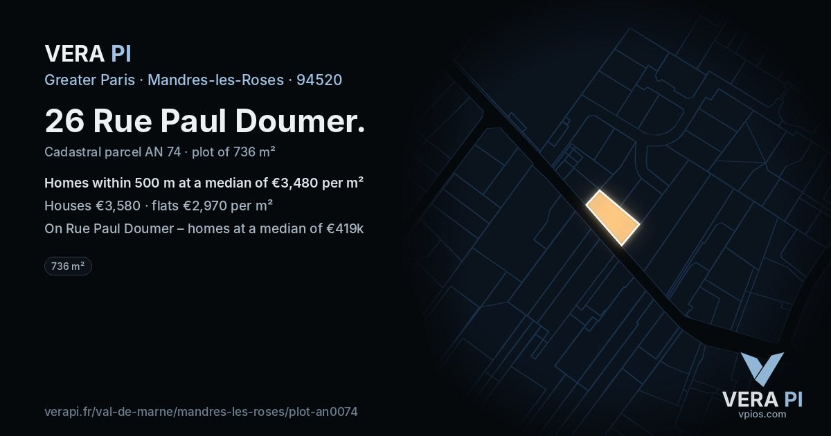 26 Rue Paul Doumer, Mandres-les-Roses at night – the plot lit, the parcels around coloured by the prices near them