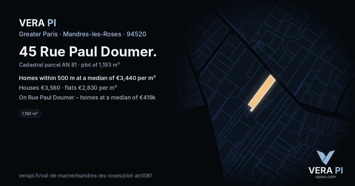 45 Rue Paul Doumer, Mandres-les-Roses at night – the plot lit, the parcels around coloured by the prices near them