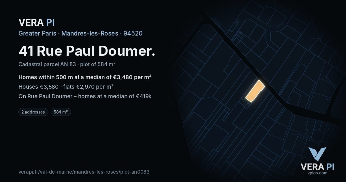 41 Rue Paul Doumer, Mandres-les-Roses at night – the plot lit, the parcels around coloured by the prices near them
