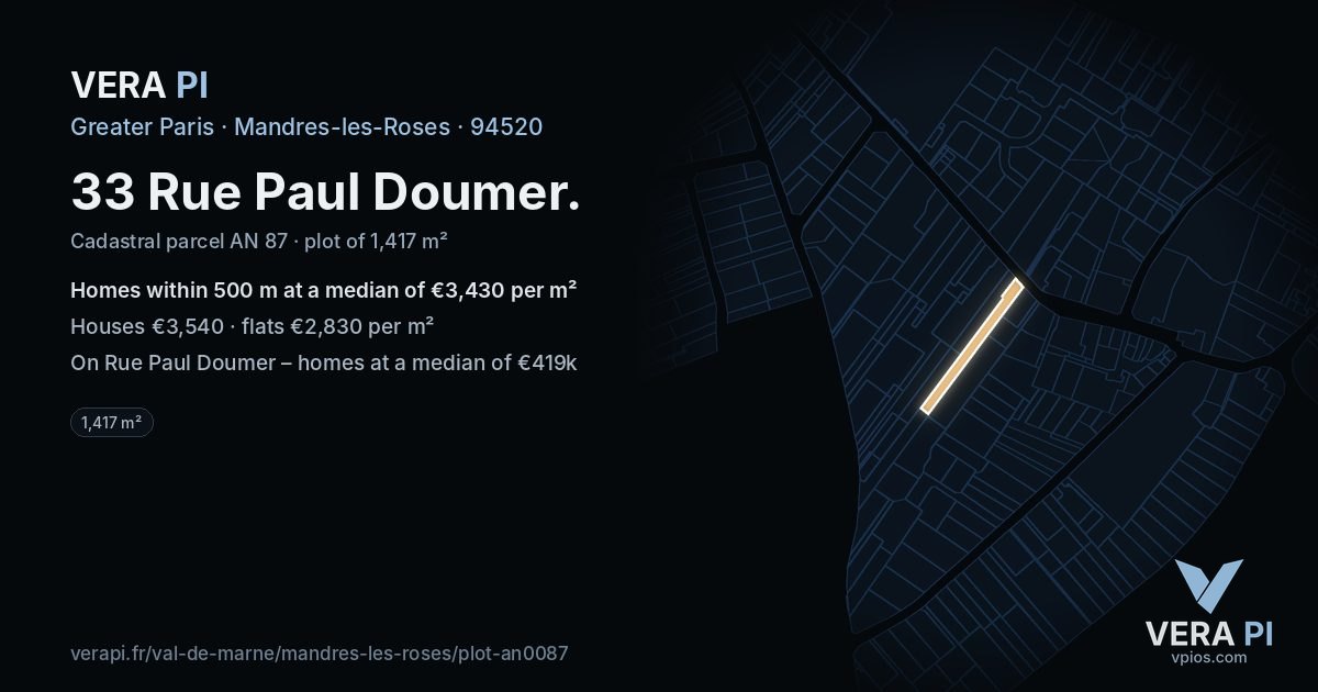 33 Rue Paul Doumer, Mandres-les-Roses at night – the plot lit, the parcels around coloured by the prices near them