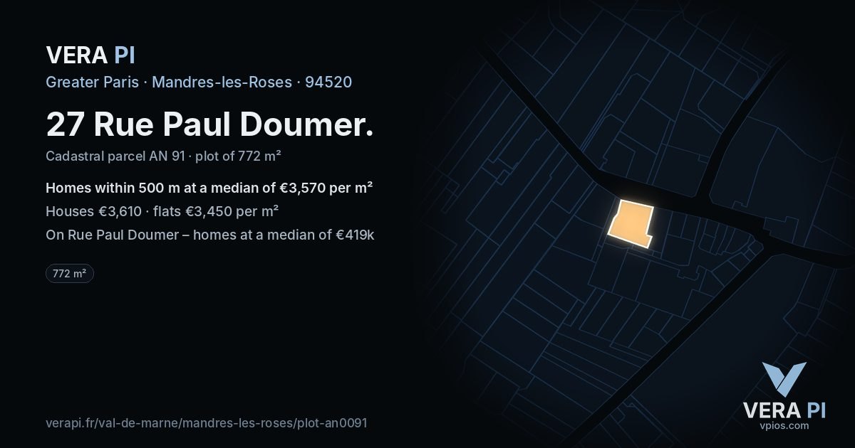 27 Rue Paul Doumer, Mandres-les-Roses at night – the plot lit, the parcels around coloured by the prices near them