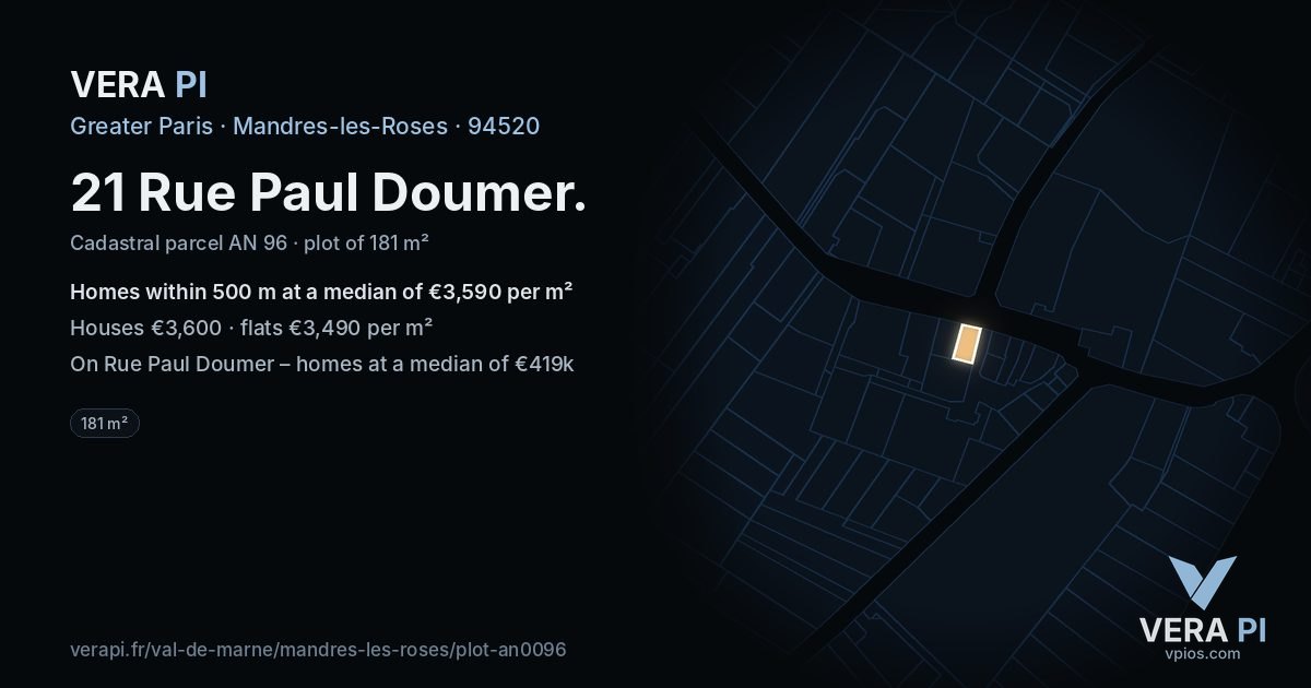 21 Rue Paul Doumer, Mandres-les-Roses at night – the plot lit, the parcels around coloured by the prices near them