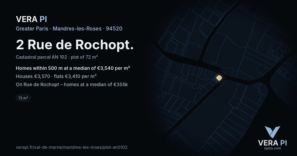 2 Rue de Rochopt, Mandres-les-Roses at night – the plot lit, the parcels around coloured by the prices near them