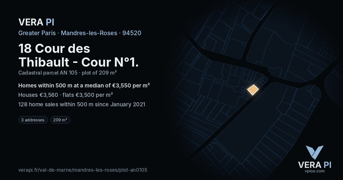18 Cour des Thibault - Cour N°1, Mandres-les-Roses at night – the plot lit, the parcels around coloured by the prices near them
