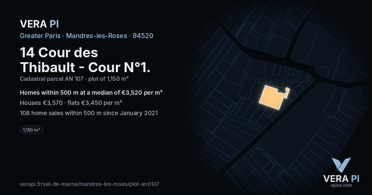 14 Cour des Thibault - Cour N°1, Mandres-les-Roses at night – the plot lit, the parcels around coloured by the prices near them